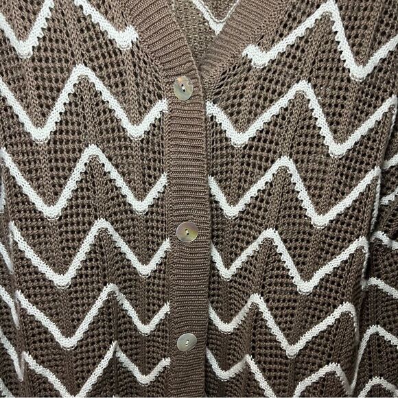 Andree by Unit Women’s Plus V-Neck Cardigan Loose Weave Chevron Stripe Brown 1X - Picture 3 of 7